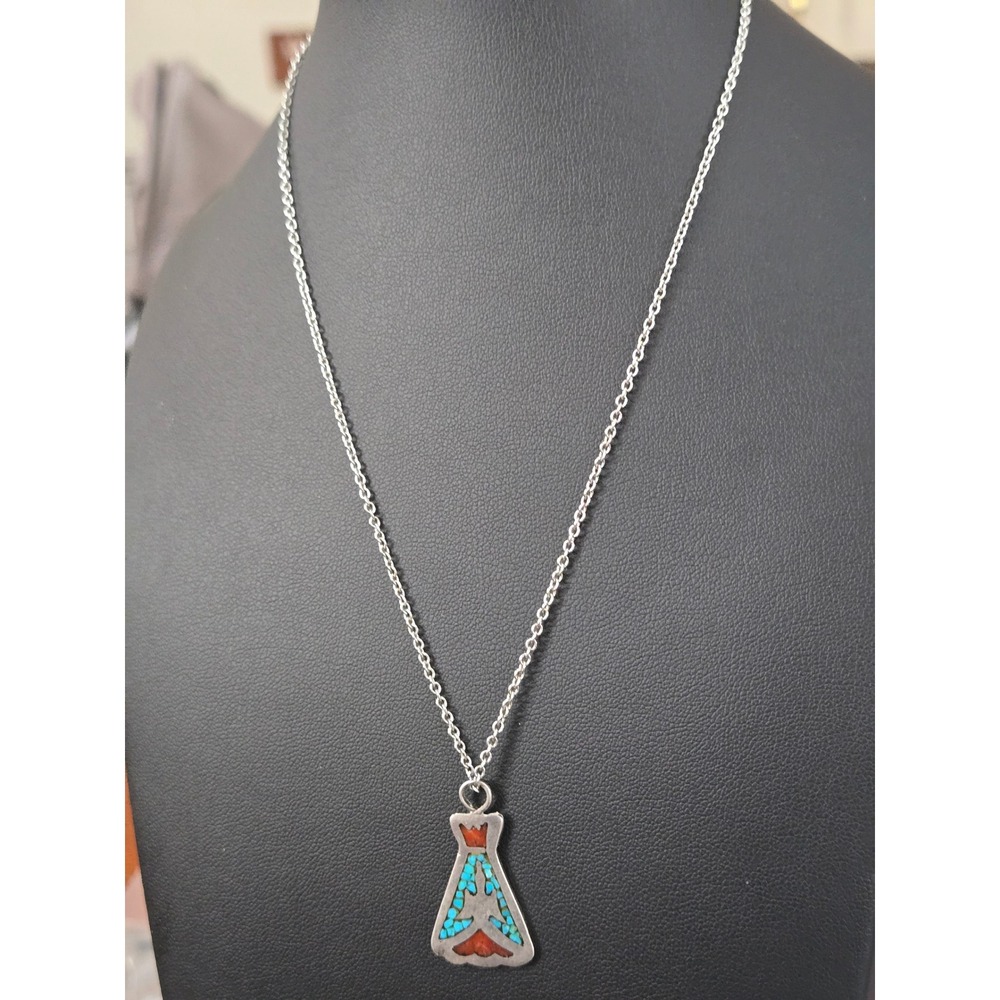 Zuni Native American Turquoise Coral Inlay Pendant on Chain Vintage